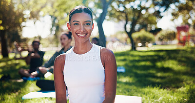 Buy stock photo Nature, woman and instructor in portrait for yoga class, holistic healing and mindfulness with confidence. Outdoor, female person and yogi with smile for fitness, coaching or wellness for inner peace