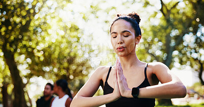 Buy stock photo Awareness, meditation and yoga with woman in park for holistic exercise or wellness routine. Balance, breathing and inner peace with yogi person outdoor in nature for fitness, mindfulness or pilates