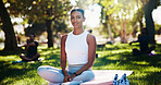 Portrait, smile and yoga with woman at park in summer for exercise, holistic or wellness routine. Fitness, pilates and relax with happy Indian person outdoor in nature for awareness or mindfulness