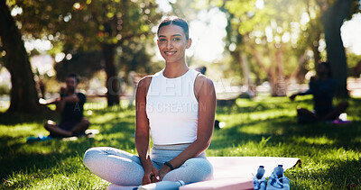 Buy stock photo Portrait, smile and yoga with woman at park in summer for exercise, holistic or wellness routine. Fitness, pilates and relax with happy Indian person outdoor in nature for awareness or mindfulness