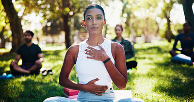 Buy stock photo Meditation yoga and woman in park with group for mindfulness, balance and wellness. Sitting, breathing and people in garden class together to relax, healthy thinking and morning exercise on grass