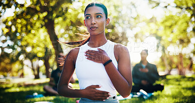 Buy stock photo Breathing, yoga and woman in park with group for mindfulness, balance and wellness. Sitting, meditation and people in garden class together to relax, healthy thinking and morning exercise on grass