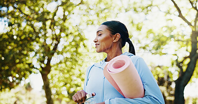 Buy stock photo Woman, park and yoga mat for fitness with water bottle, health and hydration for wellness, exercise and fresh air. Physical activity, equipment and drink with female yogi in nature for self care 
