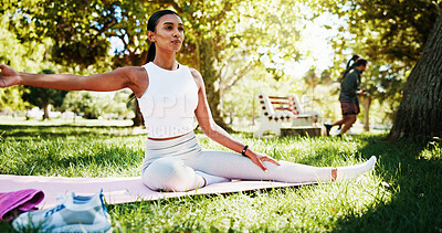 Buy stock photo Outdoor, wellness and woman with exercise, stretching and natural with flexibility, calm and break. Person, yogi and athlete in park, summer or breathing with workout, relax or health with warm up