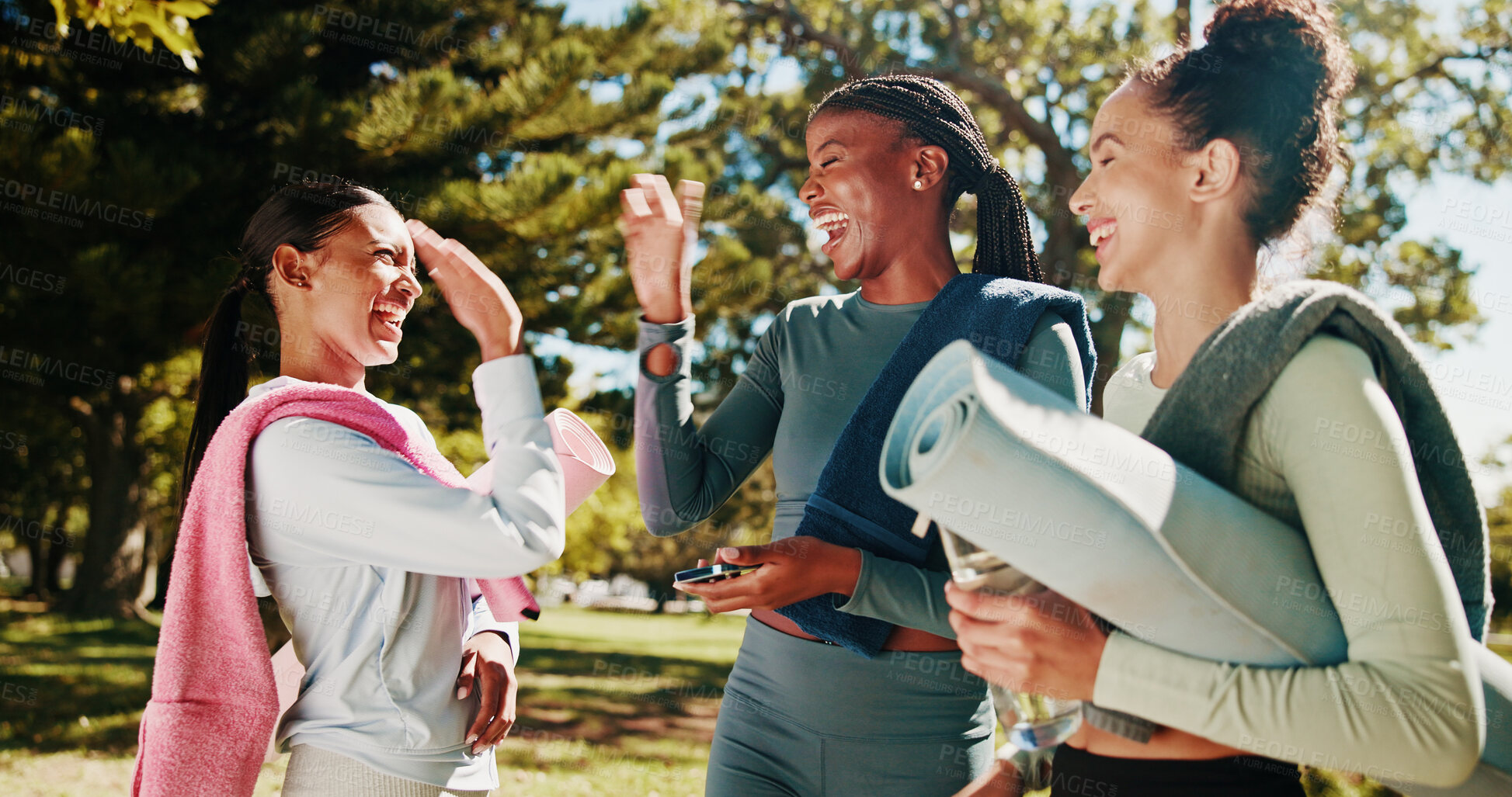 Buy stock photo Friends, yoga and women high five in park for workout, exercise and practice for mobility in morning. Nature, pilates class and people with gesture celebrate for wellness, health and wellbeing
