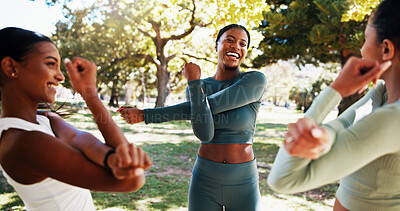 Buy stock photo Park, laugh and women stretching outdoor with friendship, talking or wellness exercise. Sport, fitness and group of female athletes with arm warm up for health activity with conversation in nature