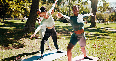Buy stock photo Nature, instructor and women with stretching for yoga, wellness and chakra with support for balance. Outdoor, people and coach with helping for warrior pose, arms exercise and fitness for yogi group