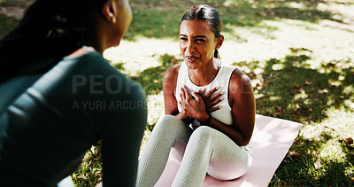 Buy stock photo Women, friends and sit up at park with exercise mat, support or training for strong core in summer. Girl, personal trainer and workout for muscle, abs and fitness in nature with coach help in morning