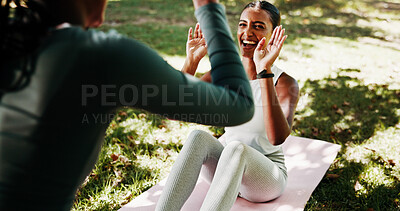 Buy stock photo High five, outdoor and women with fitness, smile and support with exercise goals. People, hand gesture and friends in park, nature and sunshine with motivation, wellness and healthy with workout