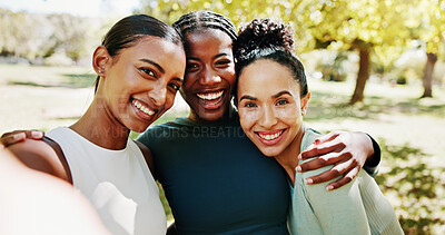 Buy stock photo Selfie, smile and women for fitness, outdoor or bonding together with profile picture, wellness or support. People, friends and hug in park embrace for online post, exercise or pilates training break