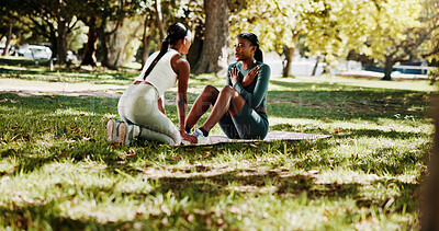 Buy stock photo Fitness, personal trainer and sit ups with woman in park for challenge, improvement or workout. Development, exercise or training with athlete and coach outdoor on grass field for core strength
