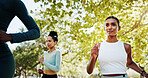 Women, running friends and workout in park with teamwork, exercise or support for endurance. Athlete, runner and fitness with marathon, training or development in nature for wellness and health goal