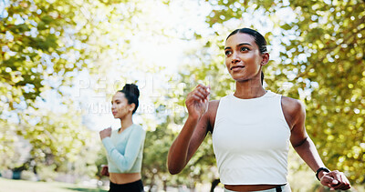 Buy stock photo Women, fitness and workout in park with teamwork, exercise or support for endurance. Athlete, runner friends and running with marathon, training or development in nature for wellness and health goal