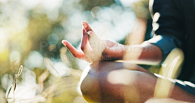 Buy stock photo Person, hands and meditation in nature with lotus for mindfulness, calming or stress relief. Closeup, yogi or inner peace with natural technique or pose for mudra, mantra or awareness at outdoor park