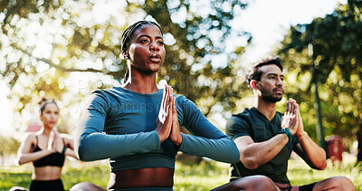Buy stock photo Breathing, meditation and yoga with people in park for holistic exercise or wellness routine. Awareness, balance and prayer hands with yogi group outdoor in nature for fitness, mindfulness or namaste