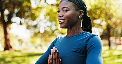Buy stock photo Happy, black woman and yoga with meditation in nature for spiritual wellness, balance or mindfulness. Active, female person or yogi with smile or hands together in namaste for inner peace at park