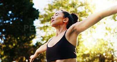 Buy stock photo Outdoor, breathing and woman with exercise, stretching and natural with flexibility, morning or calm. Person, yogi or athlete in park, freedom or break with workout, wellness and healthy with fitness