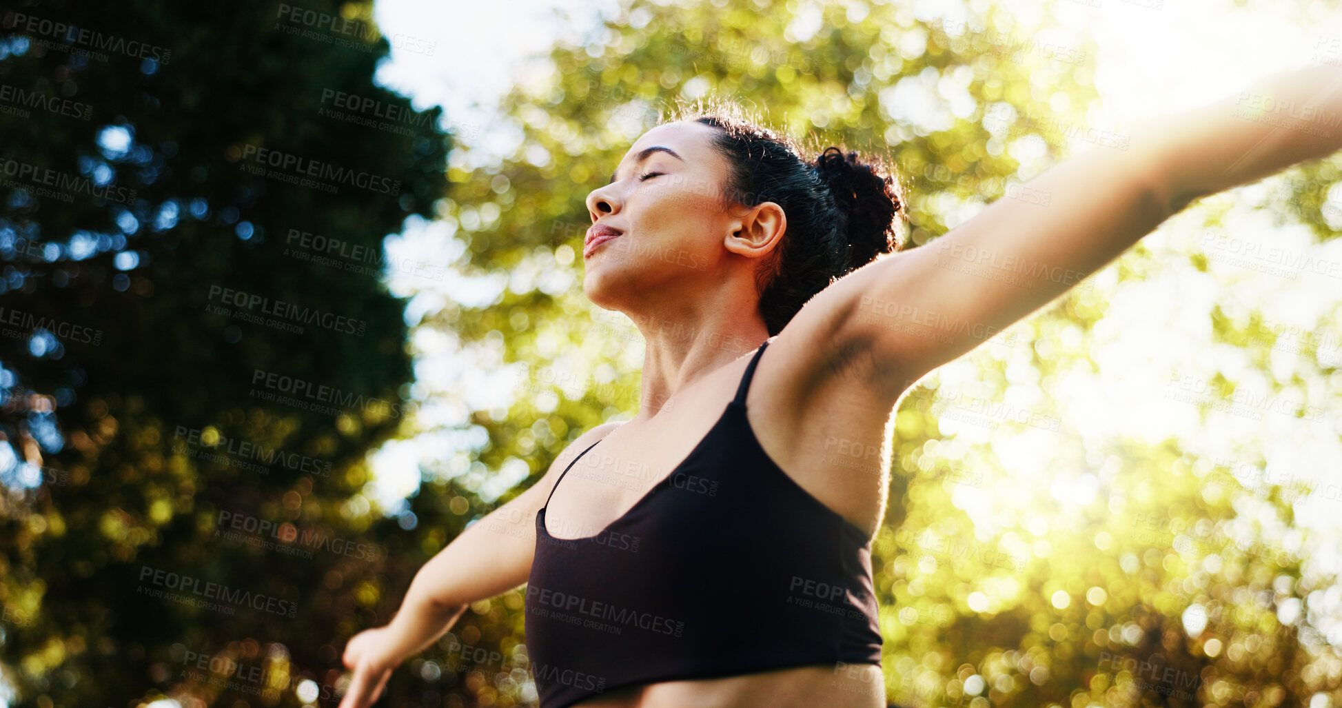 Buy stock photo Outdoor, breathing and woman with exercise, stretching and natural with flexibility, morning or calm. Person, yogi or athlete in park, freedom or break with workout, wellness and healthy with fitness