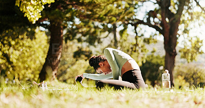 Buy stock photo Outdoor, fitness and woman with exercise, stretching and nature space with flexibility. Person, yogi and athlete in park, summer and break with workout, wellness and healthy with breathing and calm