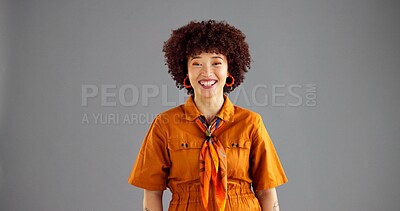 Buy stock photo Happy woman, portrait and afro with fashion in studio for style or clothing on a gray background. Face, female person or model with smile in stylish outfit for retro or vintage event on mockup space