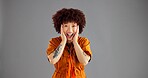 Portrait, surprise or woman in studio, shocked or facial expression on grey background. Face, happy person or model with omg, discount deal or sale with joy, winning or emoji with announcement or win