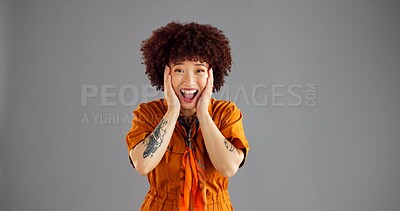Buy stock photo Portrait, surprise or woman in studio, shocked or facial expression on grey background. Face, happy person or model with omg, discount deal or sale with joy, winning or emoji with announcement or win