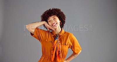 Buy stock photo Smile, fashion and portrait of woman in studio with color, stylish and trendy clothing with confidence. Happy, mockup space and female person from Colombia with cool outfit by gray background.