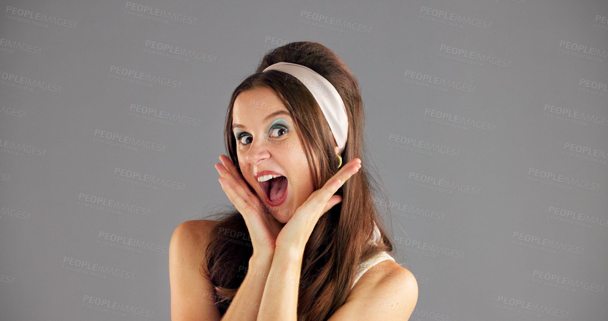 Buy stock photo Portrait, surprise and woman in studio, smile and facial expression on grey background. Face, happy person and model with omg, shocked or cheerful with joy, winning or emoji with announcement or sale