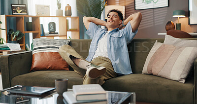 Buy stock photo Stretching, relax and man on couch, home and smile for break on weekend, calm or peace in living room. Happy, person and comfortable on sofa in lounge, rest or chilling in morning, house or apartment