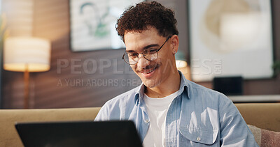 Buy stock photo Remote work, man or smile with laptop for research, email news or creative writing in home. Freelance writer, tech or happy in lounge for article review, proofreading story or publication opportunity