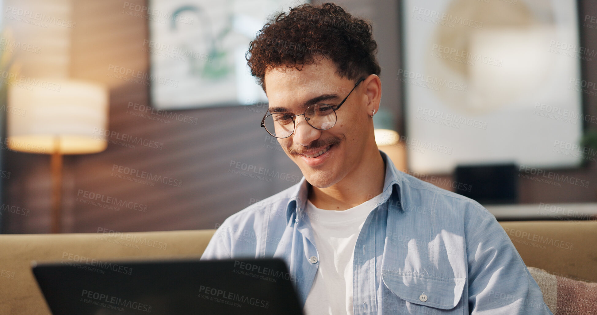 Buy stock photo Remote work, man or smile with laptop for research, email news or creative writing in home. Freelance writer, tech or happy in lounge for article review, proofreading story or publication opportunity