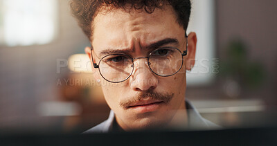Buy stock photo Glasses, laptop and man in home for remote work, startup business and freelance career with confused face. Unsure, house and person on computer for reading website, project report and research