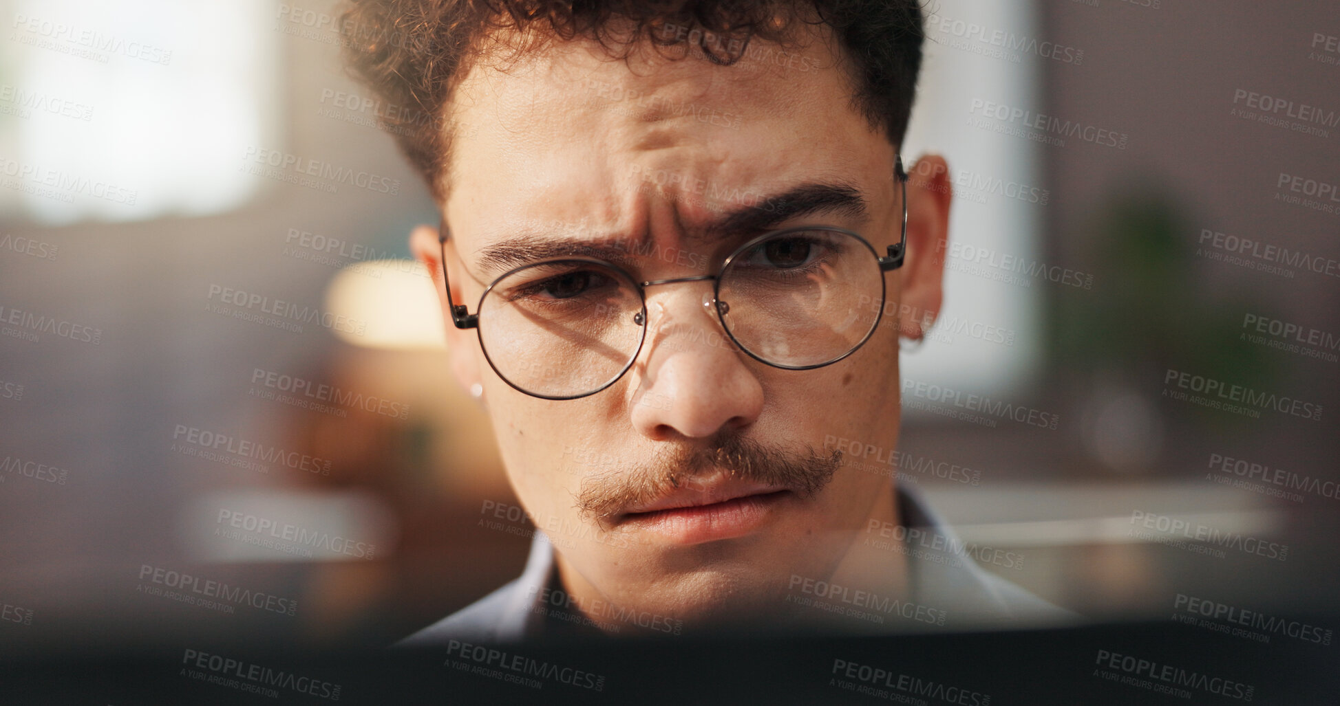 Buy stock photo Glasses, laptop and man in home for remote work, startup business and freelance career with confused face. Unsure, house and person on computer for reading website, project report and research
