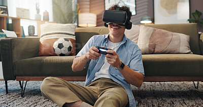 Buy stock photo Vr headset, video games and man with controller, home and fun with virtual sport in living room and online. Futuristic, gamer and person with tech for entertainment, streaming and player with console
