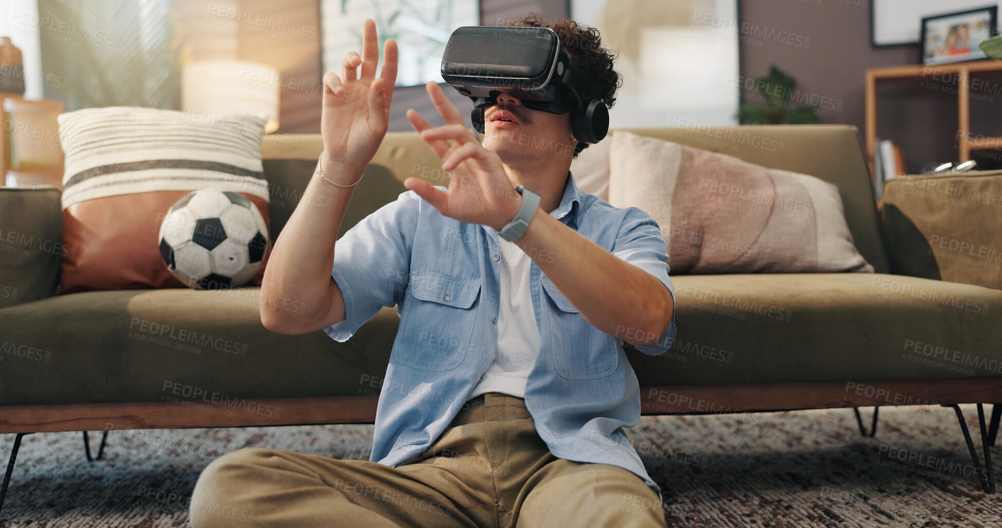 Buy stock photo Simulation, gamer and man with vr headset, home and 3D virtual reality with tech for games and lounge. House, player and person with eyewear for entertainment, user experience and fantasy with web