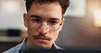 Glasses, computer and man in home for remote work, startup business and freelance career for planning. Professional, house and person on laptop for reading website, project report and research