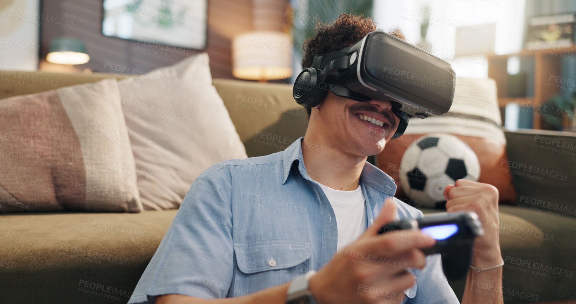 Buy stock photo House, gamer and man with vr headset, controller and excited for win on website and virtual reality. Playing, video games and person with eyewear for entertainment, winner and simulation of soccer