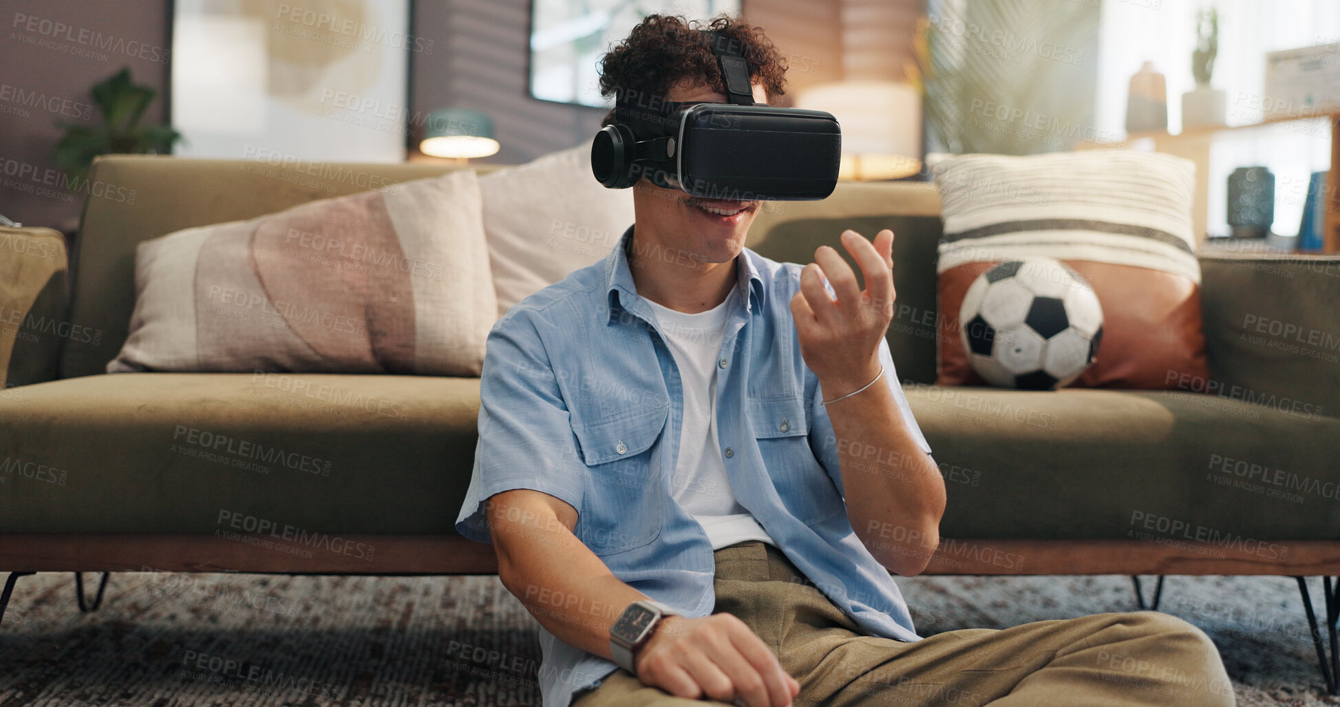 Buy stock photo Simulation, gamer and man with vr headset, smile and 3D virtual reality with tech for games and lounge. House, player and person with eyewear for entertainment, user experience and fantasy with sport
