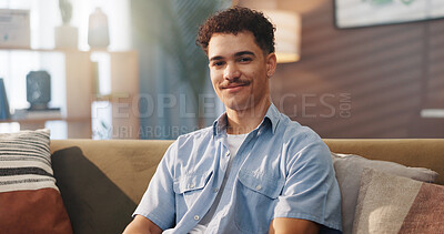 Buy stock photo Relax, portrait and man on couch, home and smile for break on weekend, calm and peace in living room. Happy, person and comfortable on sofa in lounge, rest and chilling in morning, house or apartment