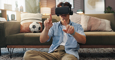 Buy stock photo Simulation, gamer and man with vr headset, home and 3D virtual reality with tech for games and online. House, player and person with eyewear for entertainment, user experience and fantasy in lounge