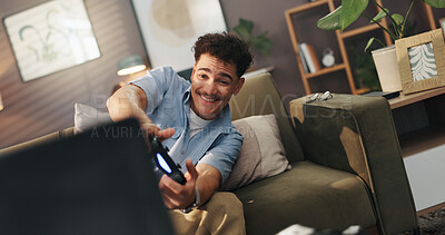 Buy stock photo Happy, gamer and man with controller, living room and fun with tech for entertainment, online and home. Digital, player and person with console for hobby, tv and streaming on website in lounge