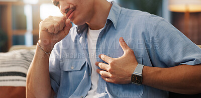 Buy stock photo Man, cough and chest pain with illness for asthma, influenza or bronchitis on sofa at home. Male person, sick or heart burn with ache or cramp for discomfort, cardiac arrest or symptoms at house