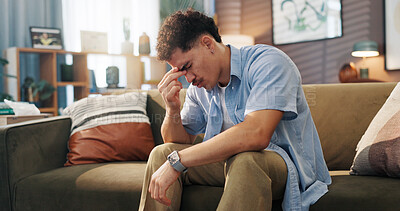Buy stock photo Stress, mental health and man on sofa in home for worry, frustration or depression with unemployment. Fail, upset and male person in living room with concern, doubt or anxiety for finance crisis.
