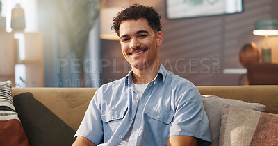 Buy stock photo Happy, portrait and man on couch, home and smile for break on weekend, calm and peace in living room. Relax, person and comfortable on sofa in lounge, rest and chilling in morning, house or apartment