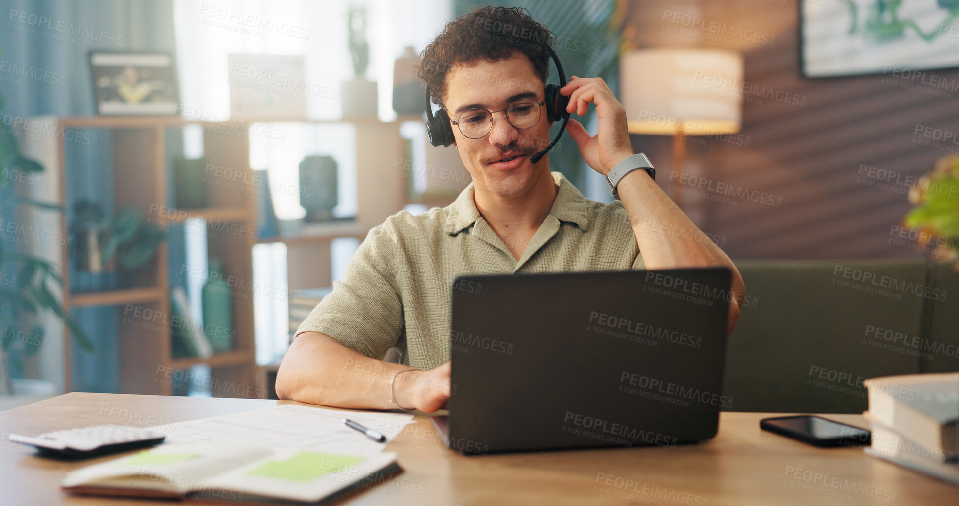 Buy stock photo Customer service, remote work and man with headset on laptop for support, online help and virtual meeting. Communication, working from home and person for discussion, advice and webinar on computer
