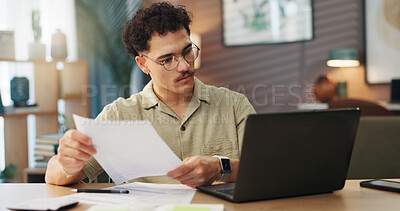 Buy stock photo Man, finance and documents with laptop in home for budget planning, expenses or bills. Male person, accountant or remote worker with paperwork on computer for mortgage payments, invoices or statement