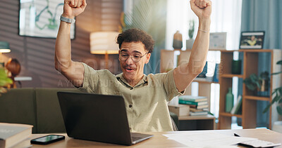 Buy stock photo Man, laptop and fist pump with celebration in home with goal, winning or documents for investment. Person, computer and happy for success with achievement, profit or revenue with trading at apartment