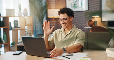 Buy stock photo Video call, remote work and business man on laptop for conversation, online chat and virtual meeting. Communication, working from home and person for discussion, talking and webinar on computer