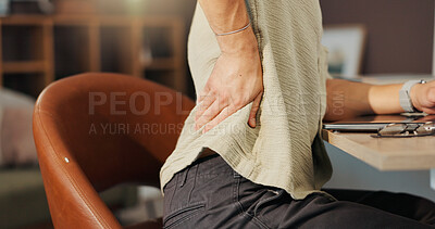 Buy stock photo Back pain, injury and person at desk with posture problem, burnout or fibromyalgia with remote working. Freelancer, accident or emergency with spine inflammation, tension or pressure of ache in home