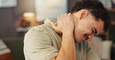 Buy stock photo Neck pain, injury and man in home with posture problem, burnout or fibromyalgia in apartment. Muscle spasm, accident or emergency with spine inflammation, tension or pressure of ache at house
